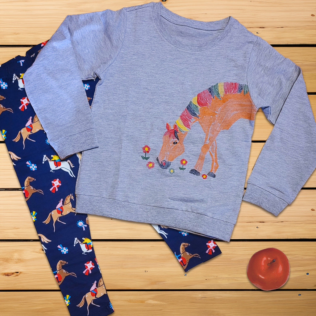 Colorful Pony Long Sleeve Tee and Horse Show Kids Leggings