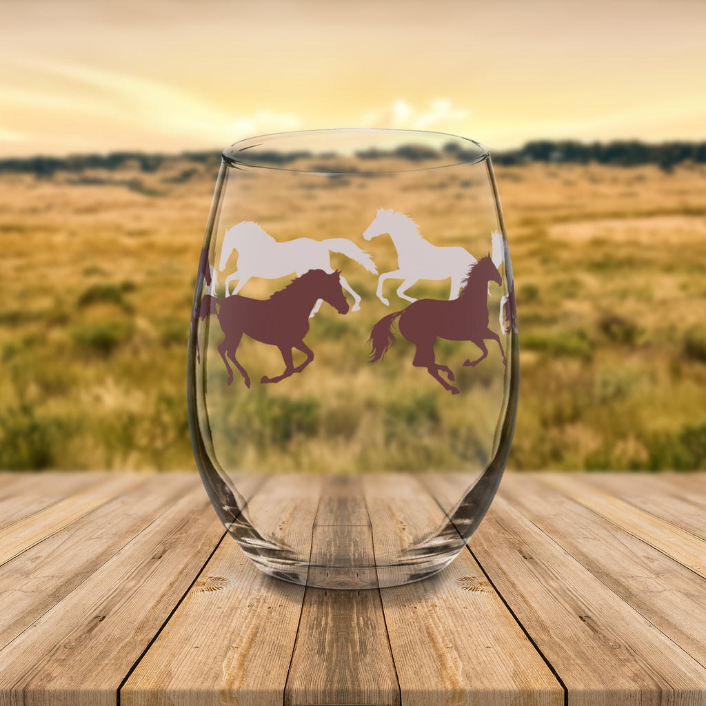 Galloping Horses Stemless Wine Glass