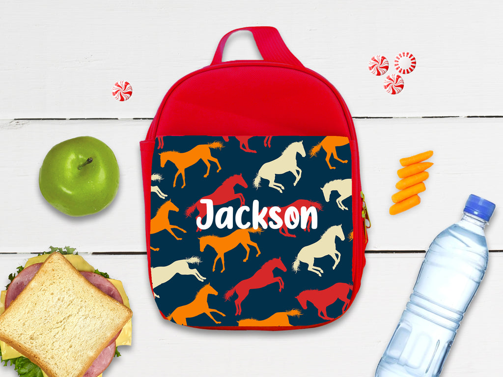 Personalized Insulated Lunch Bag - Red and Orange Horses